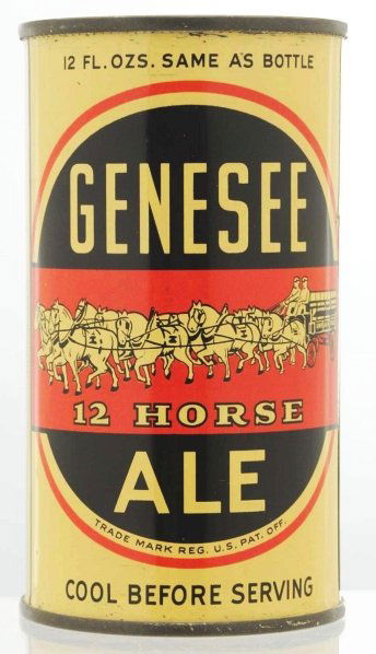 Genesee 12-Horse Ale Instructional Beer Can.: 068-15. OI 319. Garard can. Very clean all around with just a few scratches. Top has been removed. Teeth marks. Condition (1/1+).