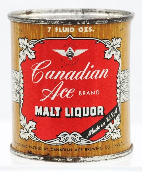 Canadian Ace Malt Liquor Flat Top Beer Can.: 239-19. Very clean with a few small spots. GA tax top. Bottom has been opened. Condition (1/1+).