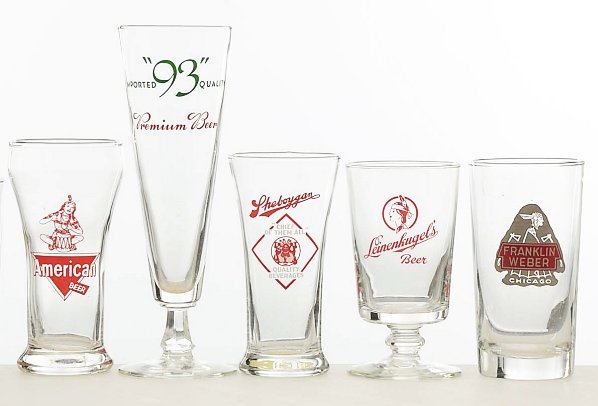 Lot of 5: Enameled Beer Glasses.: Includes a rare Sheboygan, Leinenkugel's, Franklin Weber along with others. All are nice, clean examples. Condition (Excellent - Near Mint). Size Largest: 8 - 1/2" T.