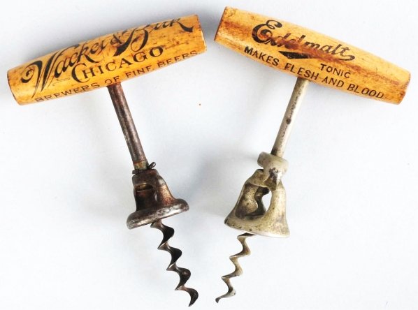 Lot of 2: Wood-Handled Corkscrews.: Both with overall wear. Includes Edelmalt Tonic and Wasker & Brik. Condition (Good - Very Good). Size Each: 5 - 1/2" T.