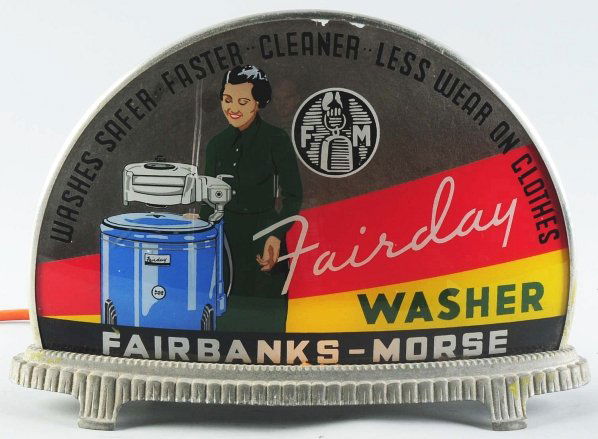 Glass Fairday Washer Gillco Light-Up Sign.: Morse Cab style sign with woman at 1940s type washing machine. Clean glass and metal base. Condition (Excellent). Size 10 - 1/2" x 15".