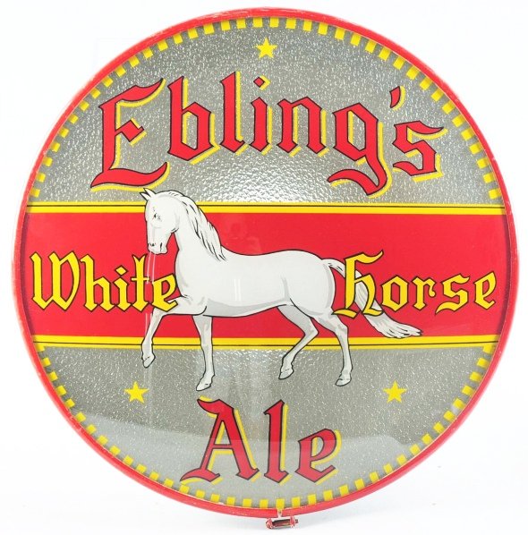 Ebling's Ale White Horse Reverse Glass Sign.: Gillco. Glass is in wonderful condition with great detail. Metal case has some wear and scratching throughout. Light fixture has been removed. Fantastic graphics. Condition (Good - Excellent). Size 13