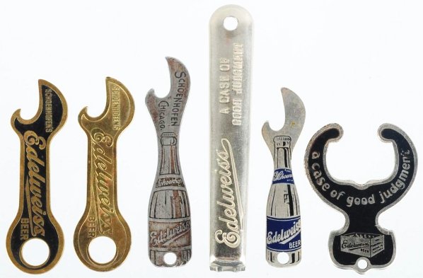 Lot of 6: Edelweiss Beer Bottle Openers.: Three are enameled. Condition (Very Good - Excellent). Size Largest: 4 - 1/2" L.