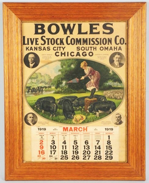 Bowles Livestock Commission Co. 1919 Calendar.: Manufactured by the Herman Litho Company. Graphic scene of woman in a Victorian dress surrounded by hogs. Overall wear and staining throughout lithograph and calendar pad but still displays well. Cond