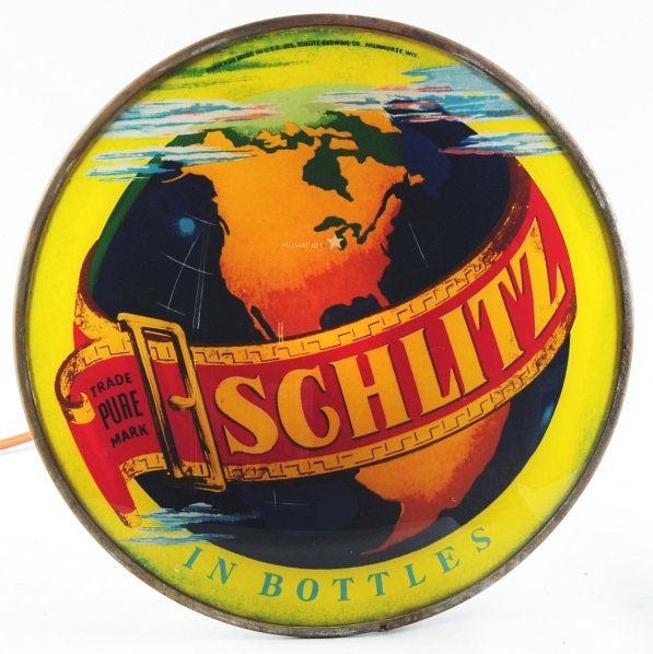 Schlitz Beer Reverse Glass Globe Light-Up Sign.: Manufactured by the Cincinnati Advertising Products Company. Bright, brilliant colors throughout sign. No lifting to paint and several light scratches on surface. Metal frame has wear throughout. Rare