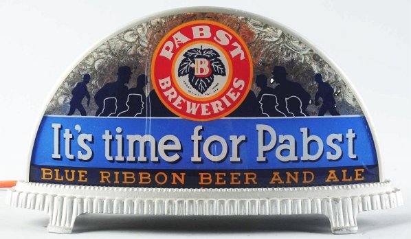 Pabst Blue Ribbon Beer Gillco Light-Up Sign.: "It's Time for Pabst". Cab style sign with silhouette of men running toward the bar for a Pabst Blue Ribbon beer. Clean glass with some light wear to surface. Also, one scratch above the word "Time" a