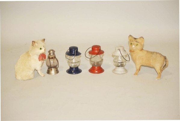 Lot of 6: Assorted Items.: Includes one furry cat, one cloth covered cat squeaker, and four glass lantern candy containers. Condition (Excellent). Size Largest: 5 - 1/2" T.