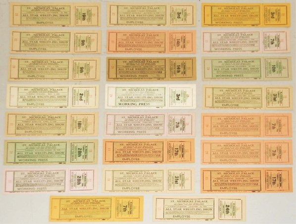 Lot of Assorted St. Nicholas Palace Show Tickets.: Includes 25 All-Star Wrestling tickets and stubs from 1939 St. Nicholas Palace. Condition (Excellent). Size Each: 6 - 1/2" x 2 - 1/4".