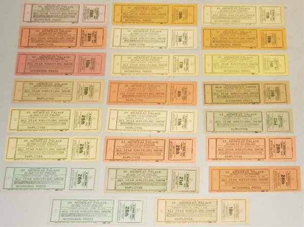 Lot of Assorted St. Nicholas Place Show Tickets.: Includes 25 All-Star Wrestling Tickets and stubs. From 1939. St. Nicholas Palace. Condition (Excellent). Size Each: 6 - 1/2" x 2 - 1/4".