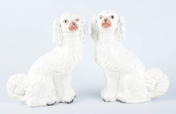 Lot of 2: White Spaniel Staffordshire Figures.: 1850's. Minor chips and hairlines. Condition (Very Good). Size Each: 12" T.
