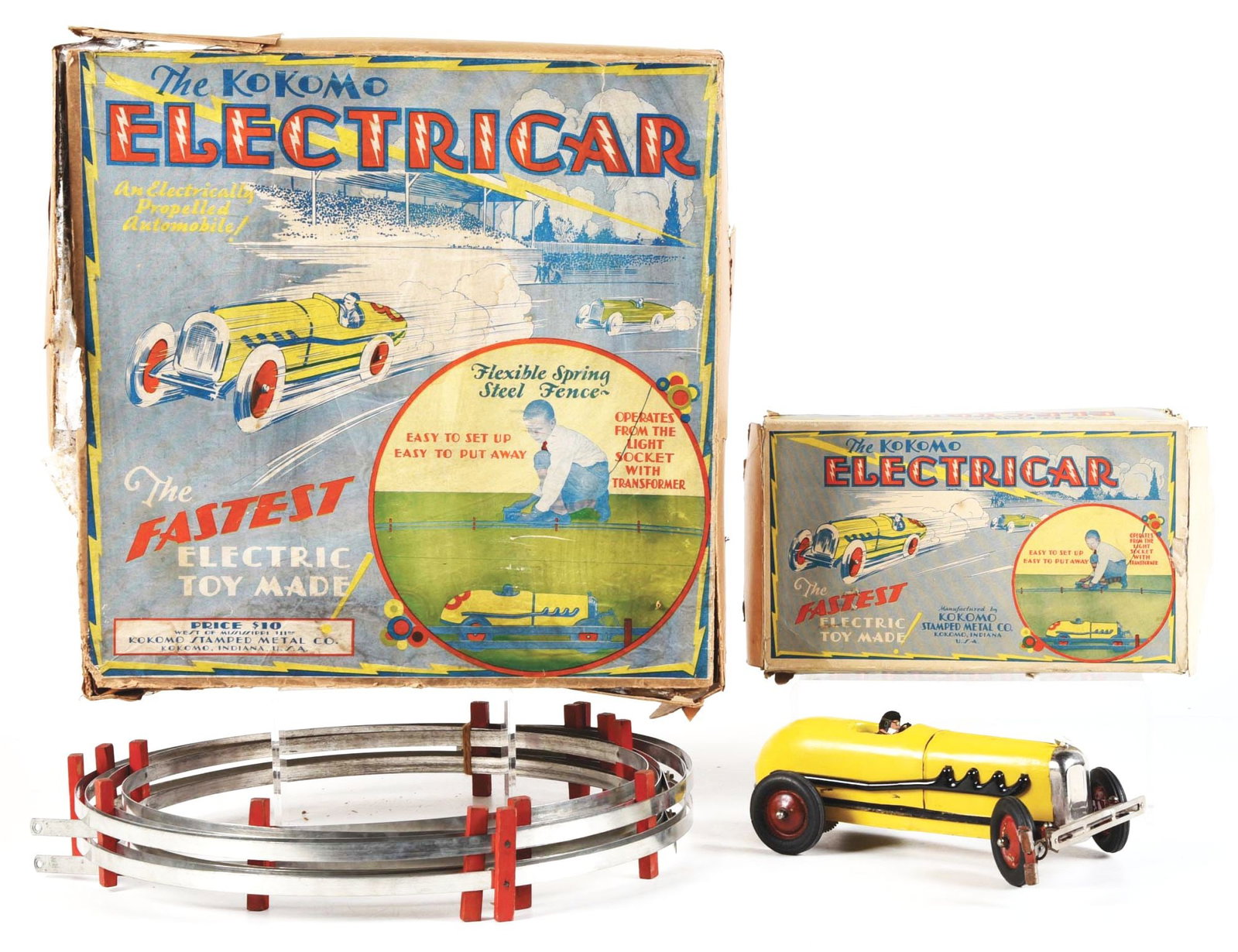 SCARCE 1920S THE KOKOMO ELECTRICAR SET: In very scarce original box. Includes separate original colorful box for pressed steel car. All track wire for transformer and colorful manual. Does not have the transformer, which looks similar to a 