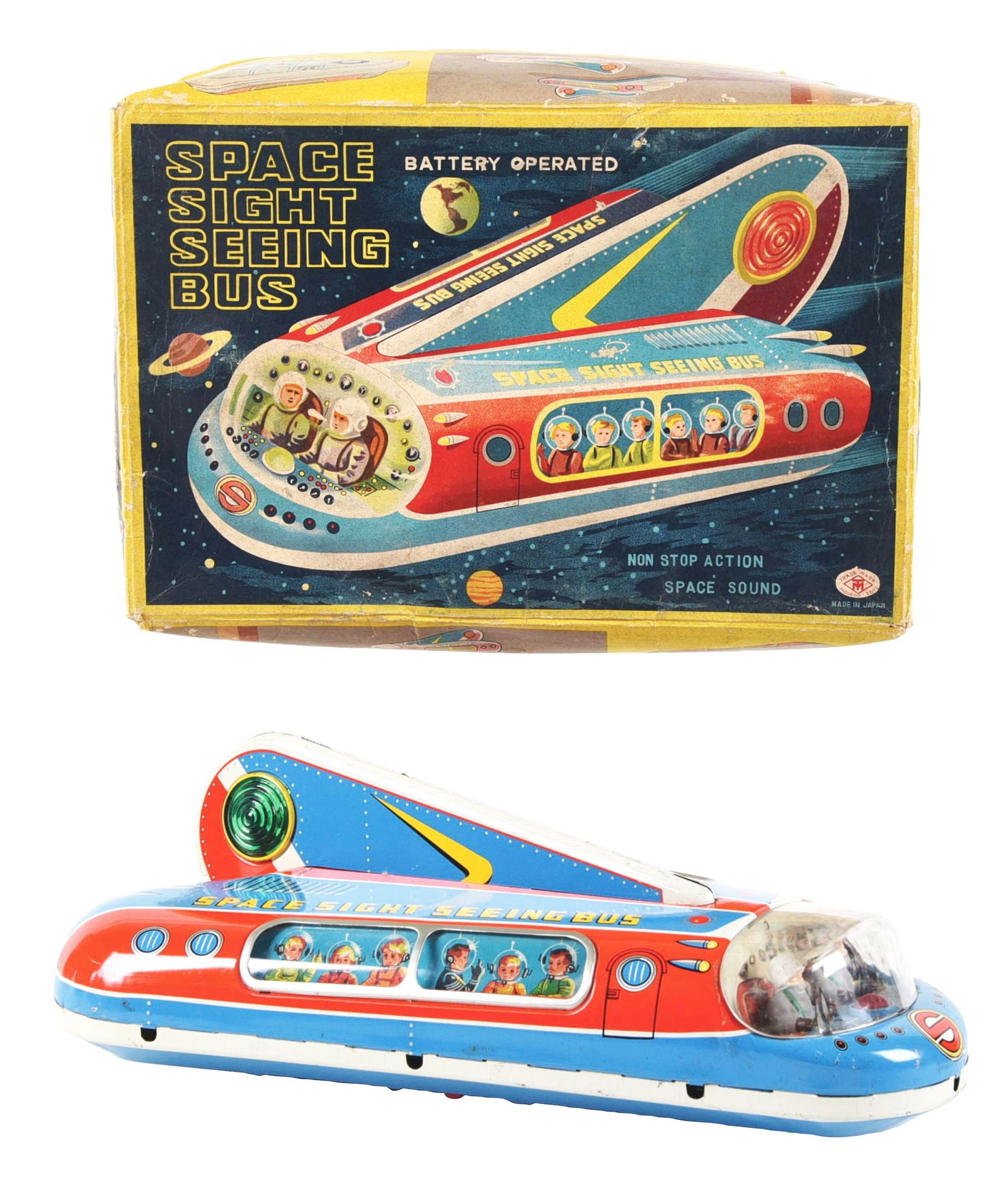 FANTASTIC JAPANESE TIN LITHO BATTERY-OPERATED SPACE SIGHT SEEING BUS IN ORIGINAL BOX (1 of 3)
