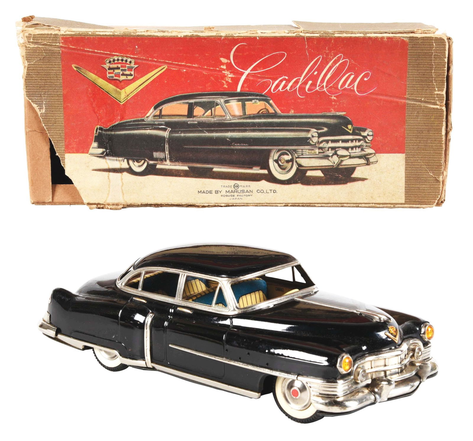 JAPANESE TIN LITHO FRICTION MARUSAN CADILLAC FRICTION AUTOMOBILE IN ORIGINAL BOX (1 of 3)