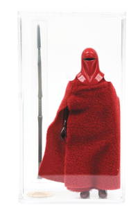 1983 STAR WARS ACTION FIGURE EMPEROR'S ROYAL GUARD AFA 90 GOLD LABEL ARCHIVAL: AFA 90 showing Gold Label with archival encapsulation. 1983 Kenner Star Wars Loose Graded Action Figure "Emperors Royal Guard” showing "HK" country of origin. Figure is encapsulated in a new