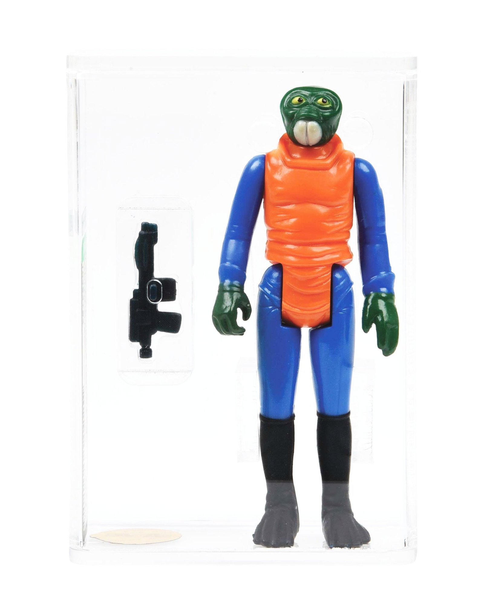 STAR WARS WALRUS MAN "WHITE TUSK" AFA 90 GOLD LABEL ARCHIVAL: AFA 90 showing Gold Label with archival encapsulation. 1978 Kenner Star Wars Loose Graded Action Figure "Walrus Man” showing White Tusk variation. Figure is encapsulated in a new style archival 