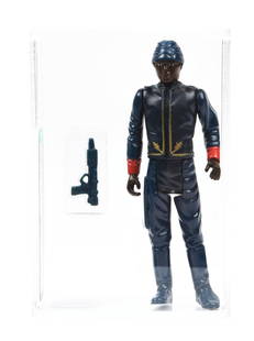 STAR WARS ACTION FIGURE BESPIN GUARD "BLACK" AFA U85: AFA U85 showing new style encapsulation. 1981 Kenner Star Wars Loose Graded Action Figure "Bespin Guard” showing Black variation with "HK" country of origin. Figure is encapsulated in a new styl