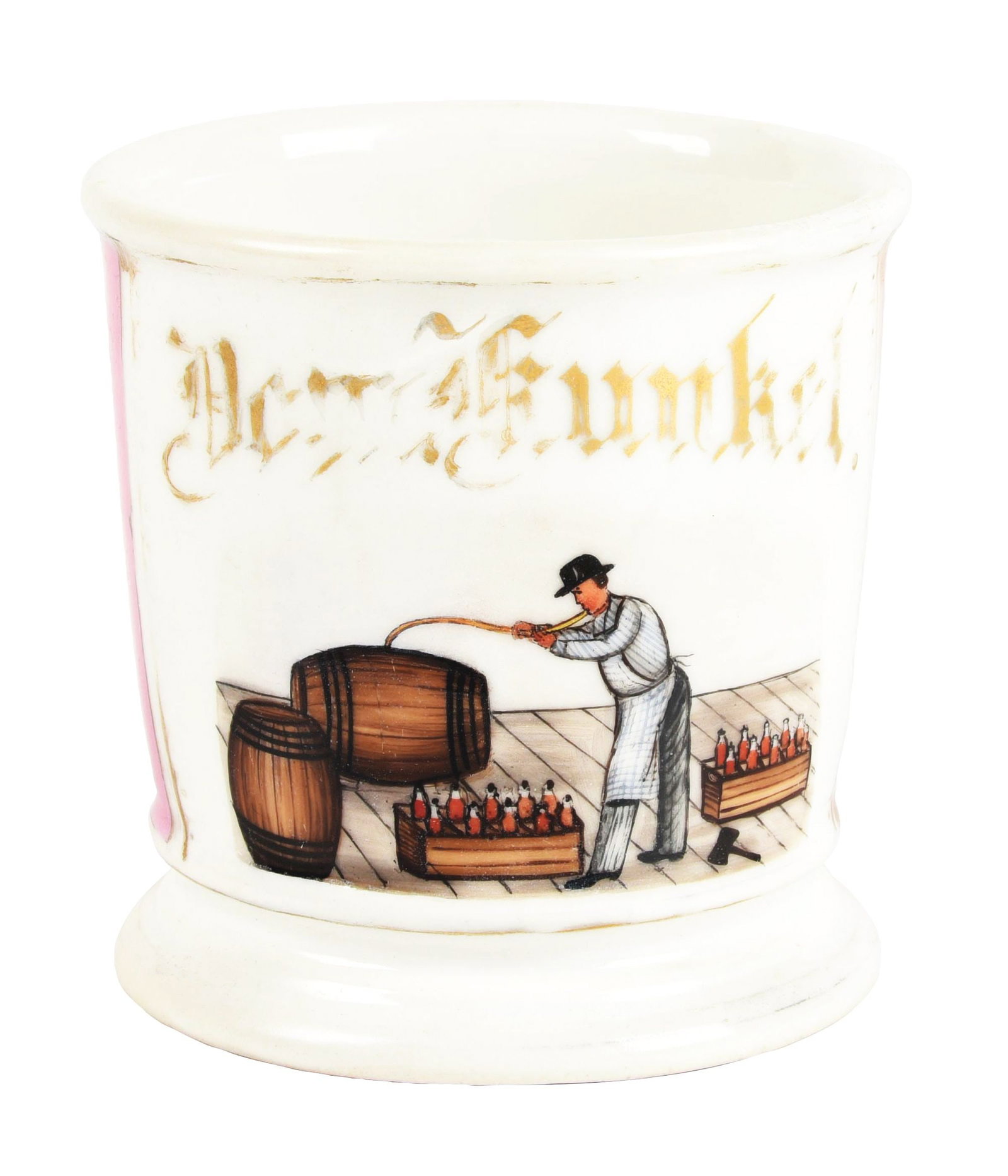 WINE MAKER SHAVING MUG: Has the name "Jim Funkle" in gold gilt. Pink wrap. Unique image of man filling balls by doing suction. Condition: (Excellent) Item Dimensions: 4 - 3/8" x 3 - 1/2" x 3 - 1/2".