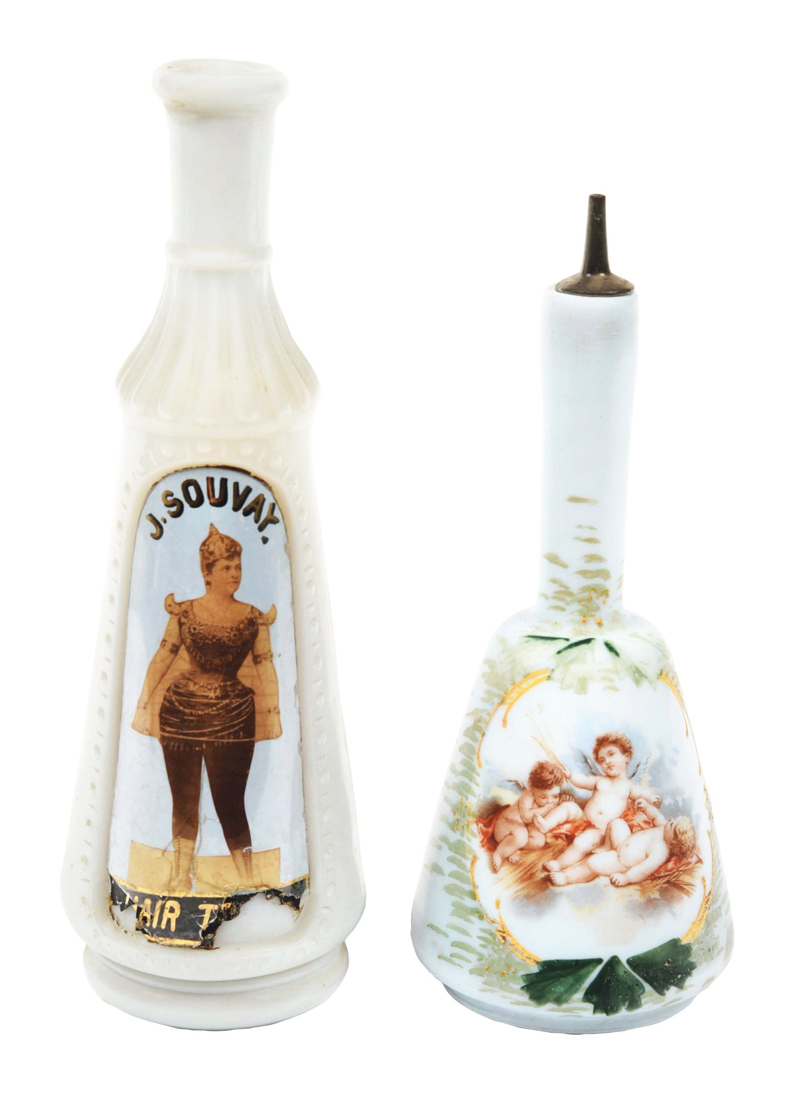 LOT OF 2: BOTTLES: Includes pair of homing pigeons and dancer. Some damage to bottom of dancer bottle. Condition: (Very Good) Item Dimensions: Largest: 3" x 3" x 10".