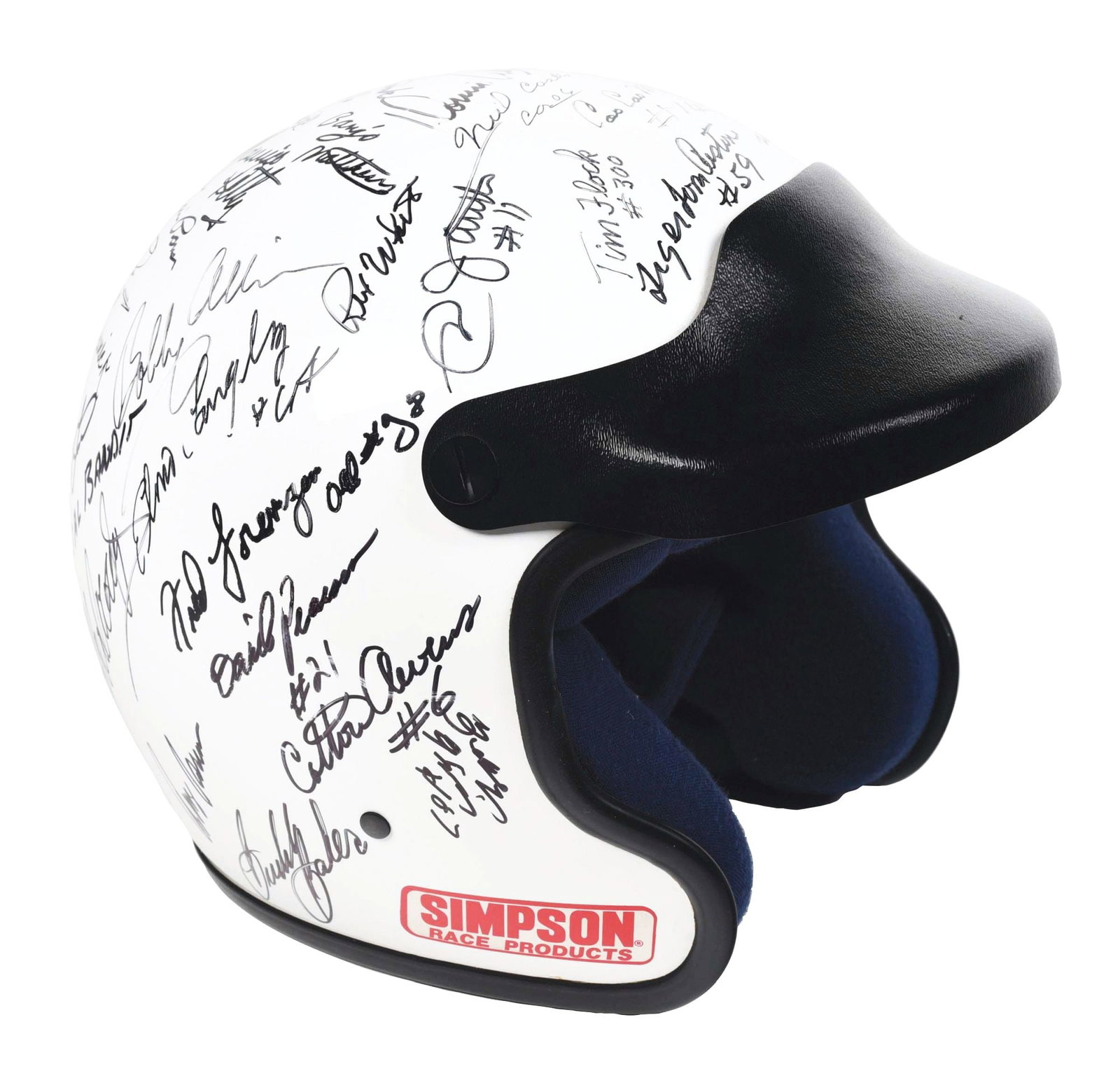 VERY INTERESTING HELMET W/ MANY NASCAR DRIVER, OWNER & OFFICIAL SIGNATURES: These signatures were all received in person by someone who had access to the pit. There is no COA. Some of the drivers and other people have passed. All are written in black marker. Names include Tim