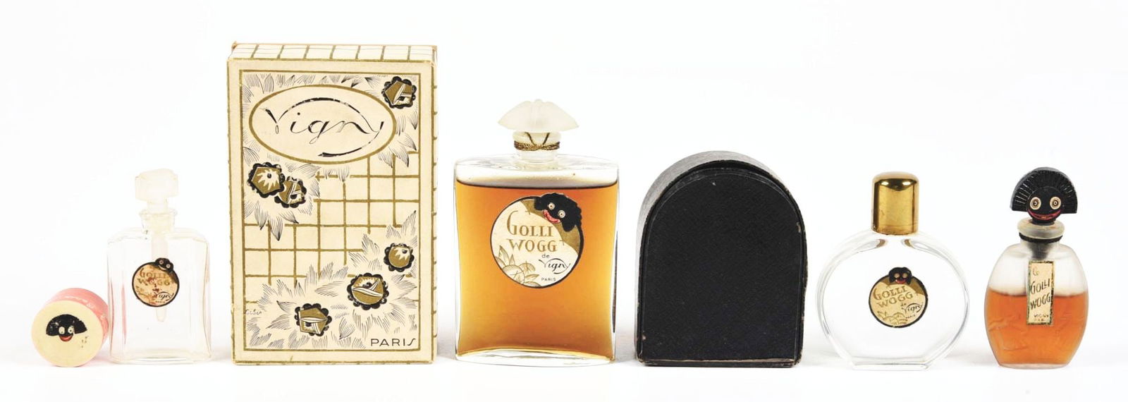 LOT OF 5: C. 1919, VIGNY FRENCH "LE GOLLIWOGG" PROTOTYPE MINI BOTTLES AND ROUGE CONTAINER (1 of 2)