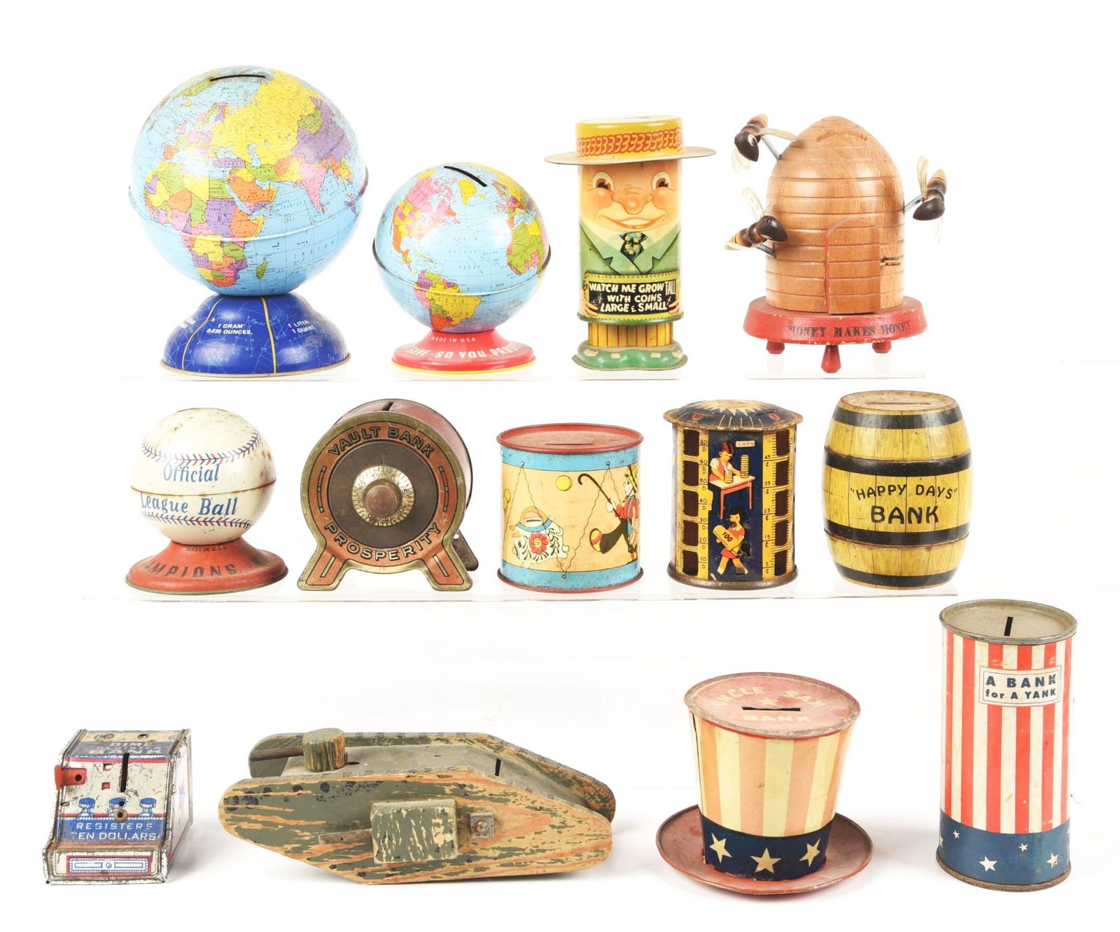 LOT OF 13: VARIOUS TIN & WOOD BANKS (1 of 2)