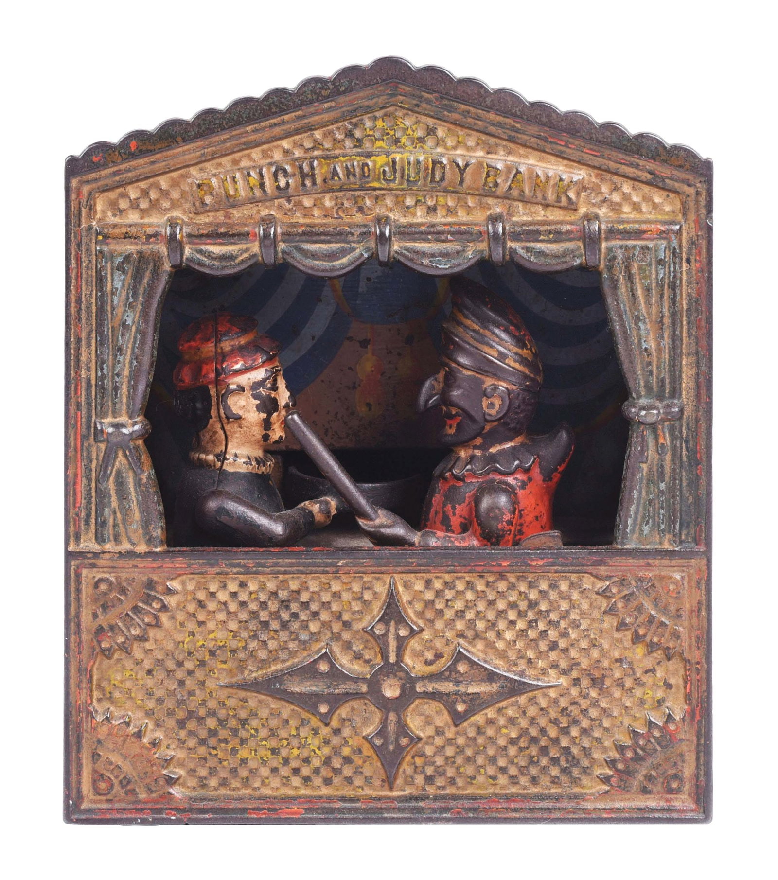 SHEPARD HARDWARE CO. PUNCH & JUDY BANK: Has original base plate. Some overpaint throughout. Condition: (Fair - Good) Item Dimensions: 6 - 1/4" x 3 - 1/4" x 7 - 1/4".