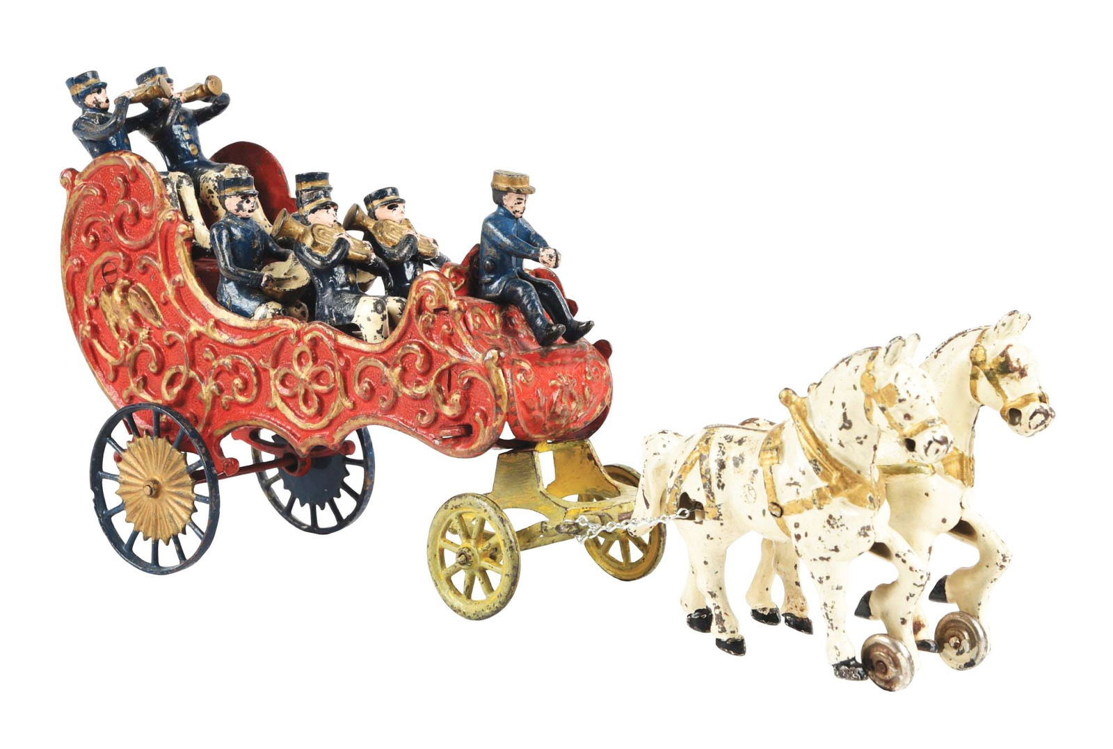 HUBLEY MEDIUM-SIZE BANDWAGON PULLED BY 4 HORSES: With original figures, which have all been repainted, as well as most of the wagon and the horses. About 85% to 90% repainted. The driver is missing the tab that holds him in place. Condition: (Repain