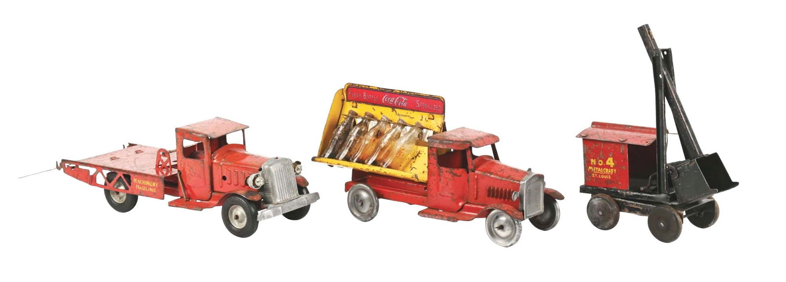 LOT OF 3: TIN COCA-COLA TRUCK, DIGGER AND TOW TRUCK (1 of 3)