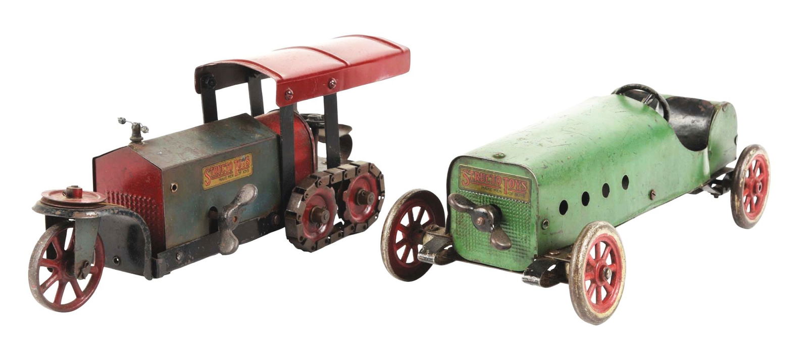LOT OF 2: PRESSED STRUCTO TIN WIND-UP TRACTOR & RACER (1 of 3)