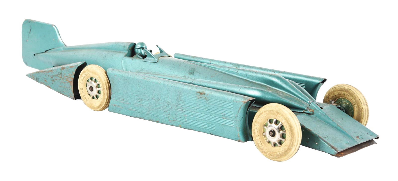 KINGSBURY PRESSED STEEL GOLDEN RACECAR IN SCARCE AQUA COLOR (1 of 3)