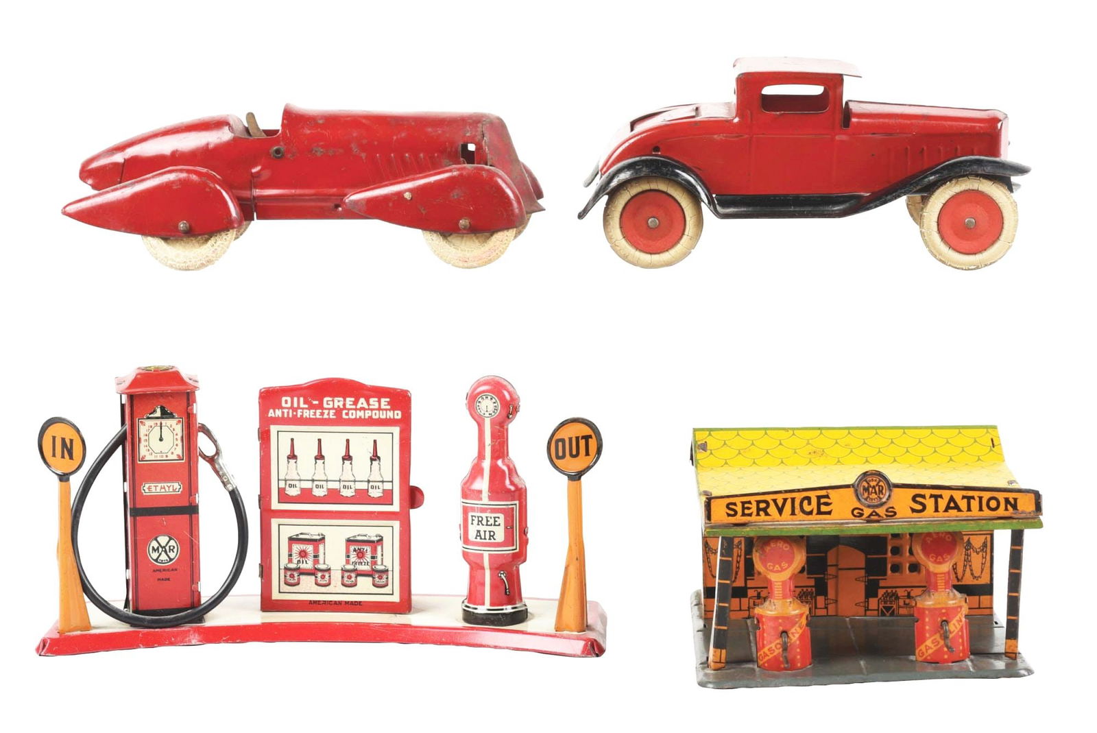 LOT OF 4: AMERICAN-MADE TIN LITHO & PRESSED STEEL AUTOMOTIVE & SERVICE STATION TOYS (1 of 2)