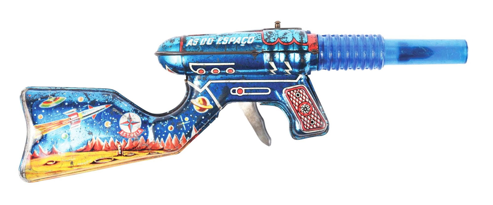 RARE TIN LITHO FRICTION SPACE GUN: Made in Argentina. C. 1950s. Marked "As Do Espaco." Beautiful color lithography, especially on handle. Marked "Estrula." Made of tin litho, barrels are plastic. Friction is not working. Great space sc