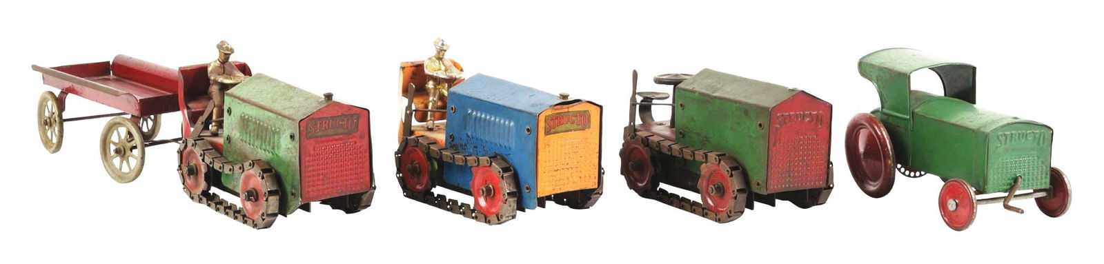 LOT OF 4: STRUCTO TIN WIND-UP TRACTORS & CARS (1 of 3)