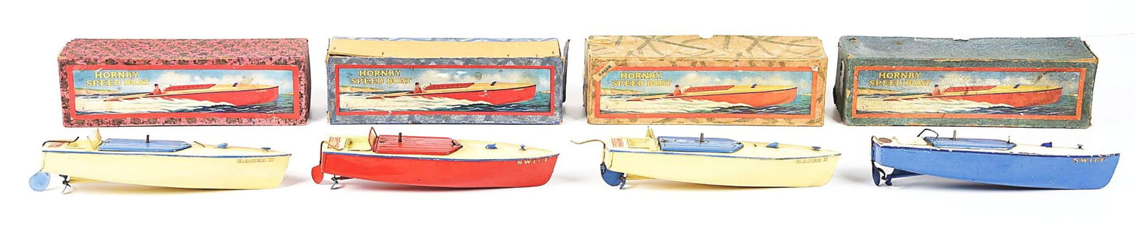 LOT OF 4: ENGLISH HORNBY TIN LITHO CLOCKWORK BOATS IN ORIGINAL BOXES (1 of 3)