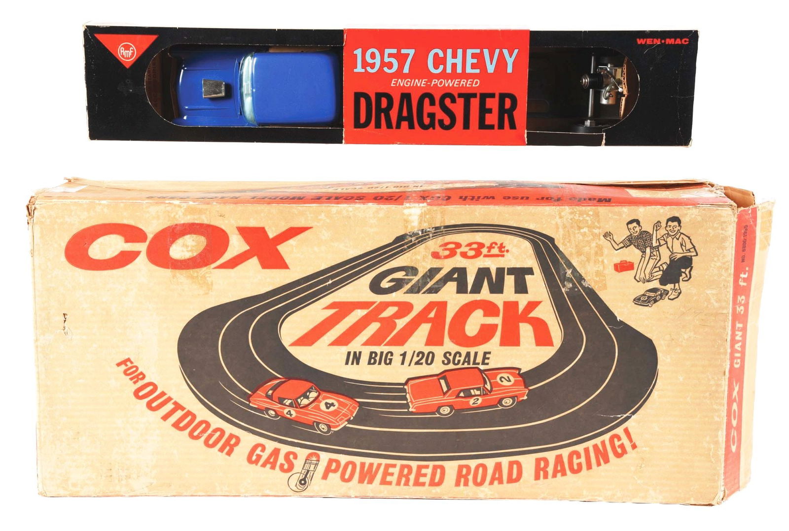 LOT OF 2: AMF & COX RACING ITEMS IN ORIGINAL BOXES 1957 CHEVY ENGINE POWERED DRAGSTER AND TRACK. (1 of 3)