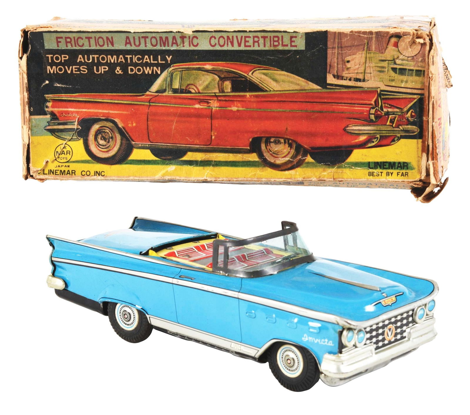 JAPANESE TIN LITHO CONVERTIBLE AUTOMOBILE TOY: Buick in original box. Nice colorful depiction of car on lid. Box has some slight tearing and creasing. Car itself has very little wear. Marked "Buick Invicta." When in operation, top pops up. Conditi