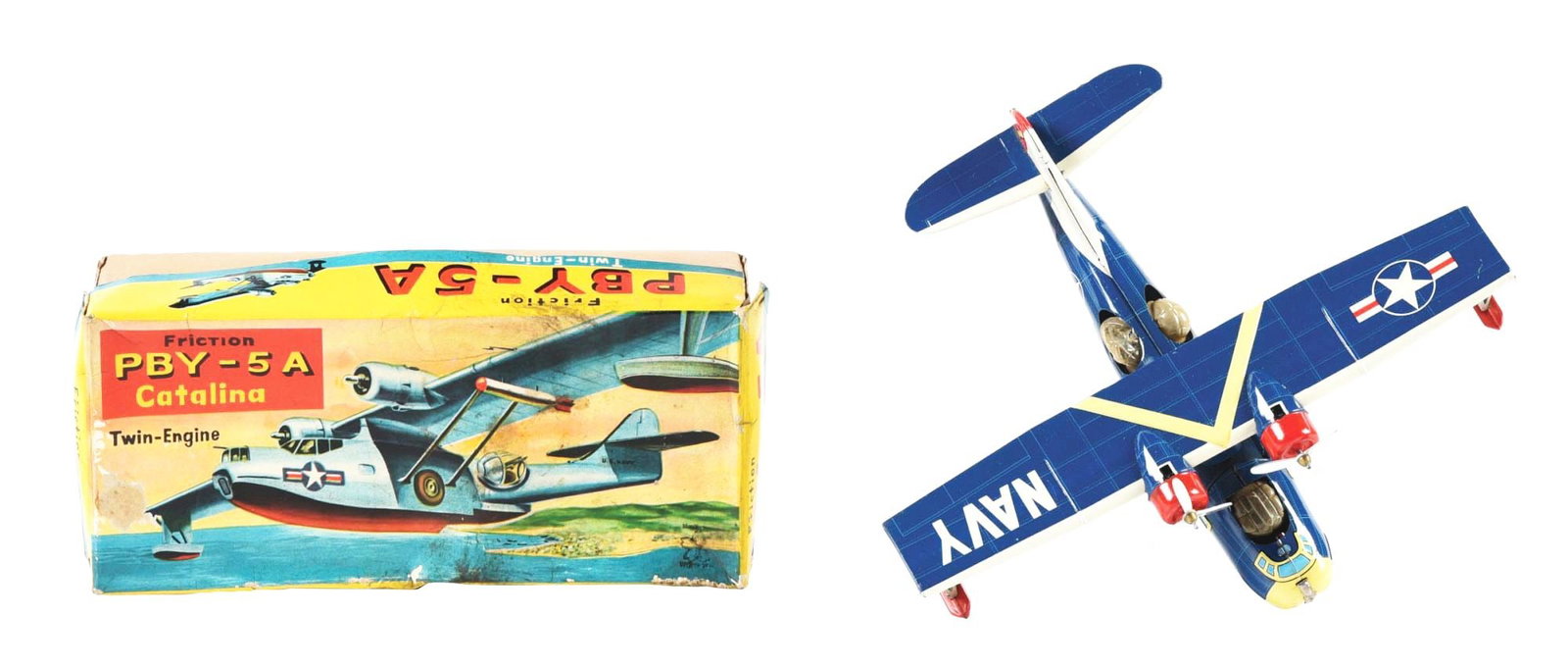 VERY SCARCE JAPANESE TIN LITHO FRICTION PBY-5A CATALINA AIRPLANE: Very colorful original box. Made by Yonezawa Japan. Appears to have some waviness and some staining. Plane itself is marked "Navy" on the wing. Dual propellers, which move when friction is activated. 