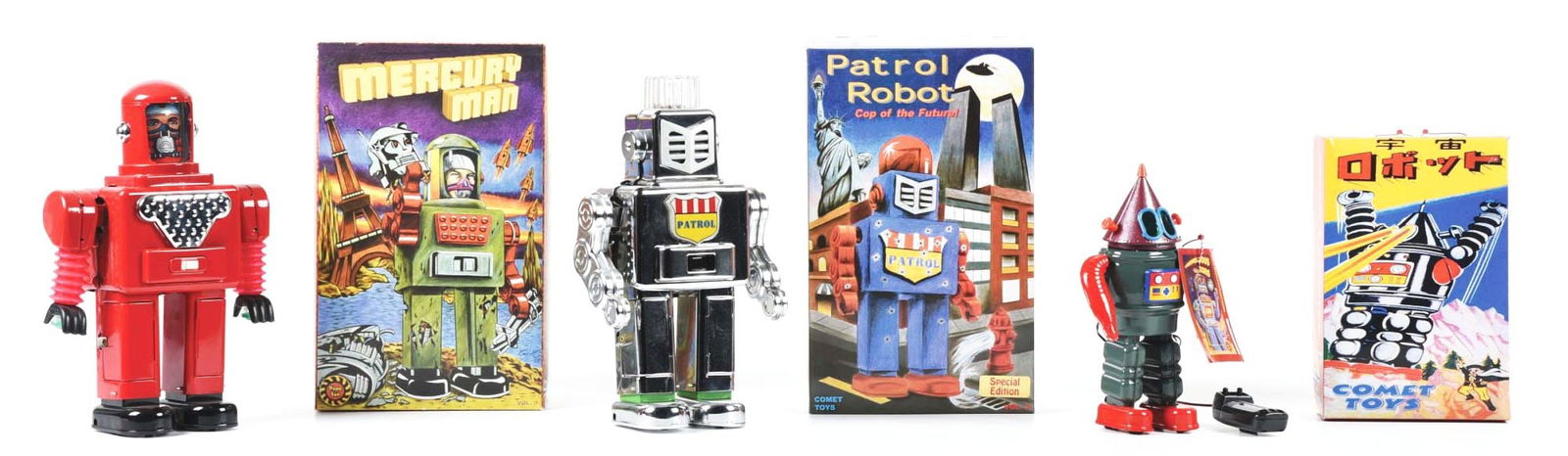 LOT OF 3: VARIOUS COMET TOYS & CONTEMPORARY ROBOTS IN ORIGINAL BOXES: Includes Mercury Man, Patrol Robot and Conehead Robot. All unused. Made by Robert Johnson. Condition: (Near Mint) Item Dimensions: Largest Box: 8" x 4 - 3/4" x 12 - 3/4".