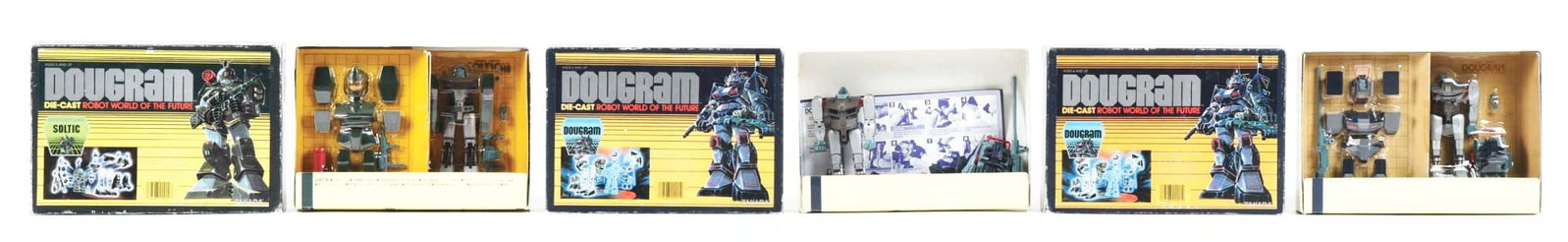 LOT OF 3: JAPANESE DIE-CAST DOUGRAM ROBOTS IN ORIGIAL BOXES: C. 1980s by Takara. There are two Dougrams and one Soltic. Some wear to boxes, but look unused with sealed pieces. Condition: (Excellent) Item Dimensions: Each: 9 - 1/2" x 2" x 6 - 3/4".