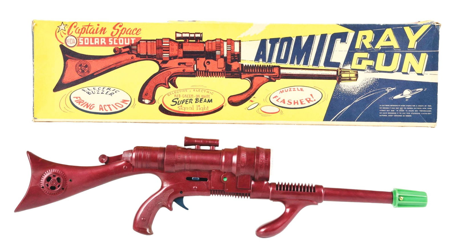 MARX CAPTAIN SPACE SOLAR SCOUT ATOMIC RAY GUN RIFLE: C. 1950s. Nice colorful box with great graphics. Unusual maroon color with green front piece. Battery-operated and has sight. Some tearing to one end flap. Condition: (Excellent) Item Dimensions: Box: