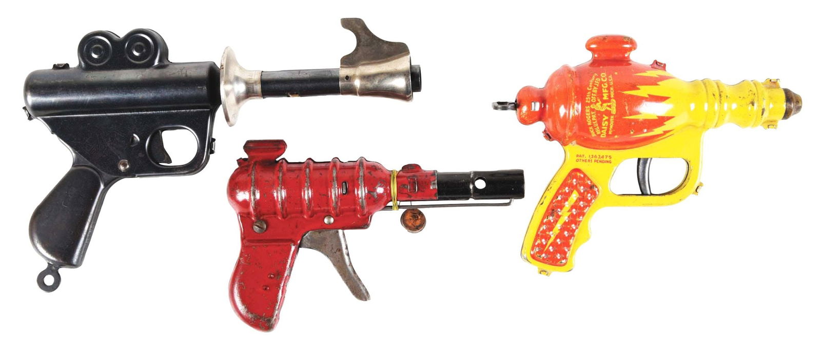 LOT OF 3: VARIOUS AMERICAN-MADE TIN LITHO SPACE PISTOLS: Includes Daisy Buck Rogers Liquid Helium Water Pistol, Buck Rogers Daisy Pop Gun and a Wyandott Pop Gun. All have some scratching and wear. Condition: (Very Good - Excellent) Item Dimensions: Largest: