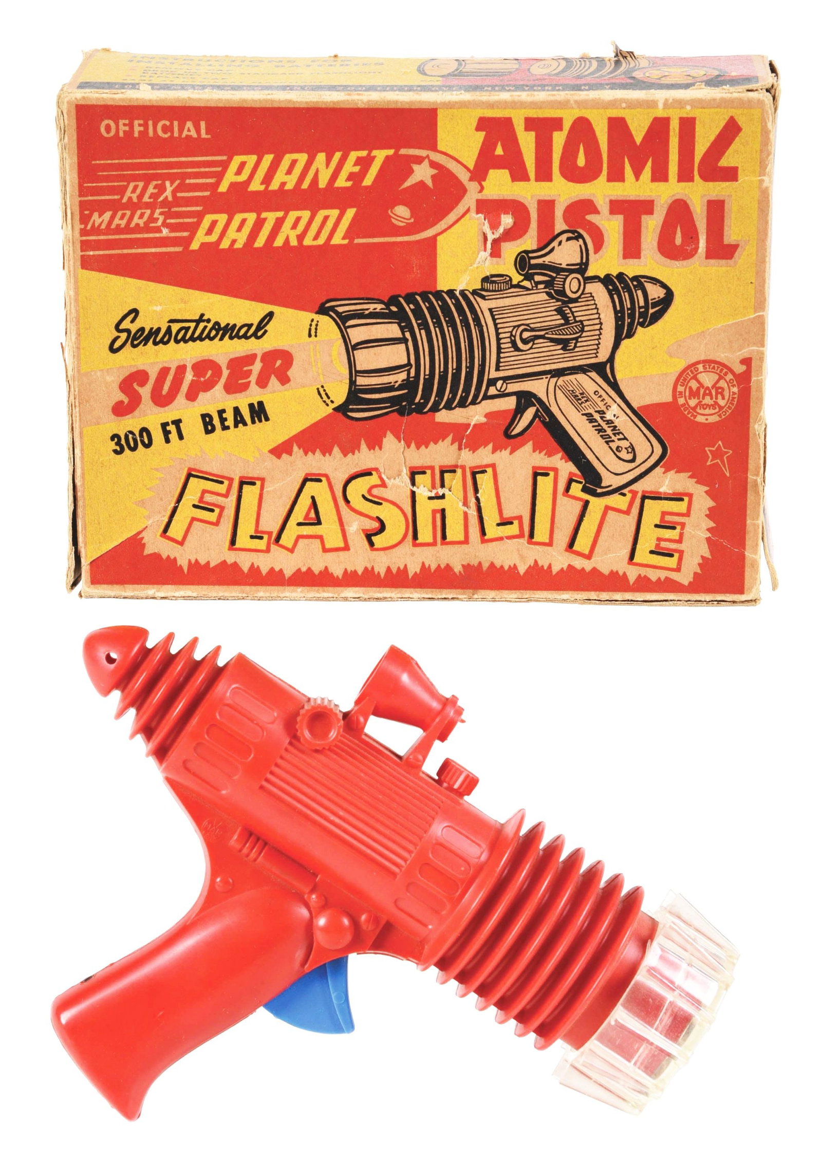 MARX OFFICIAL REX MARS PLANET PATROL ATOMIC PISTOL IN ORIGINAL BOX: Nice red and blue coloring. Marked "Official Rex Mars Planet Patrol" on one side of gun handle. Super Beam Ray Flashlight Pistol. Box is complete, but has some creasing and edgewear. Condition: (Very 