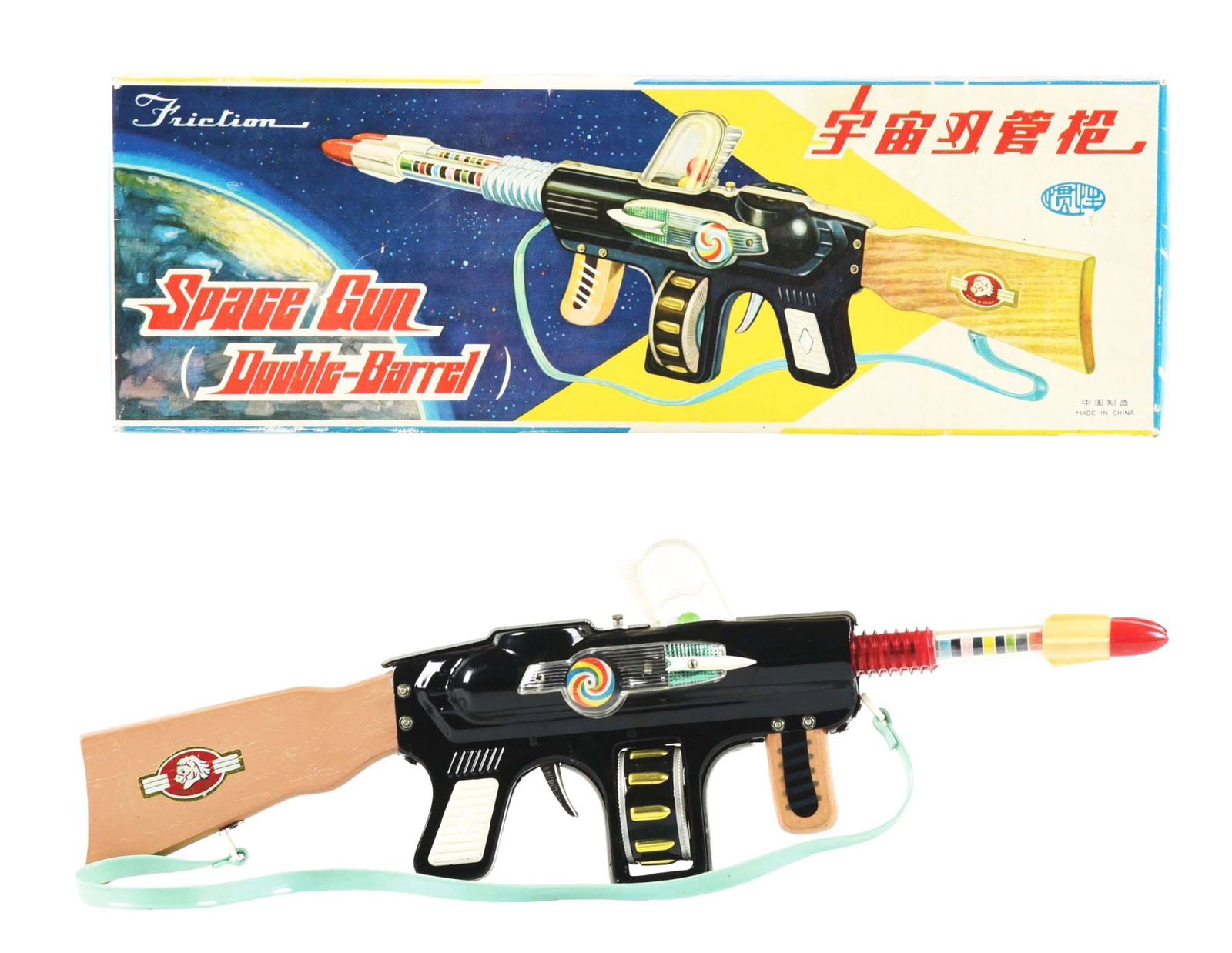VERY EARLY TIN LITHO & WOODEN CHINESE-MADE SPACE GUN IN ORIGINAL BOX: Nice colorful lid, marked "Made in China." Space Gun Double-Barrel, great action. Wooden stock and tin litho. Has Thompson leg machine gun drum, which moves. Rockets, which move in front, space wheel