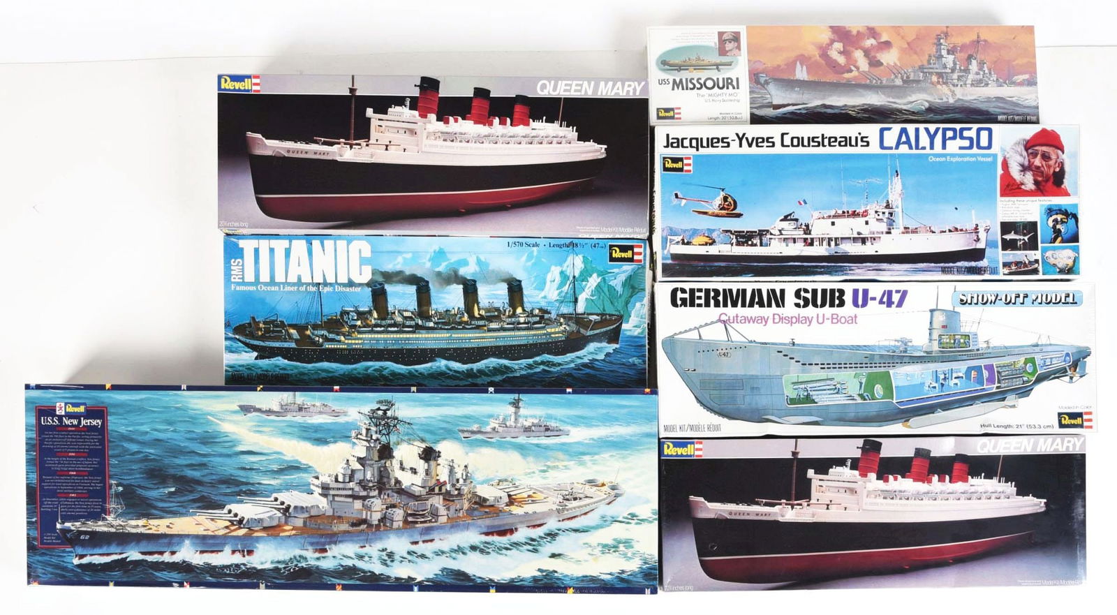 LOT OF 7: VARIOUS REVELL 1970'S & 1980'S U.S.S. SHIP MODELS: All sealed in boxes, except one of the Queen Mary's. Includes Jacques Cousteau Calypso ship, two Queen Mary Ocean Liners, RMS Titanic, German U-47 Sub cutaway display boat, U.S.S New Jersey Battleship