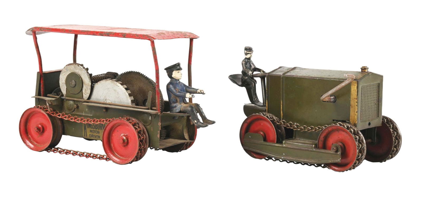 LOT OF 2: KINGSBURY 1920S PRESSED STEEL WIND-UP TRACTOR TOYS (1 of 3)