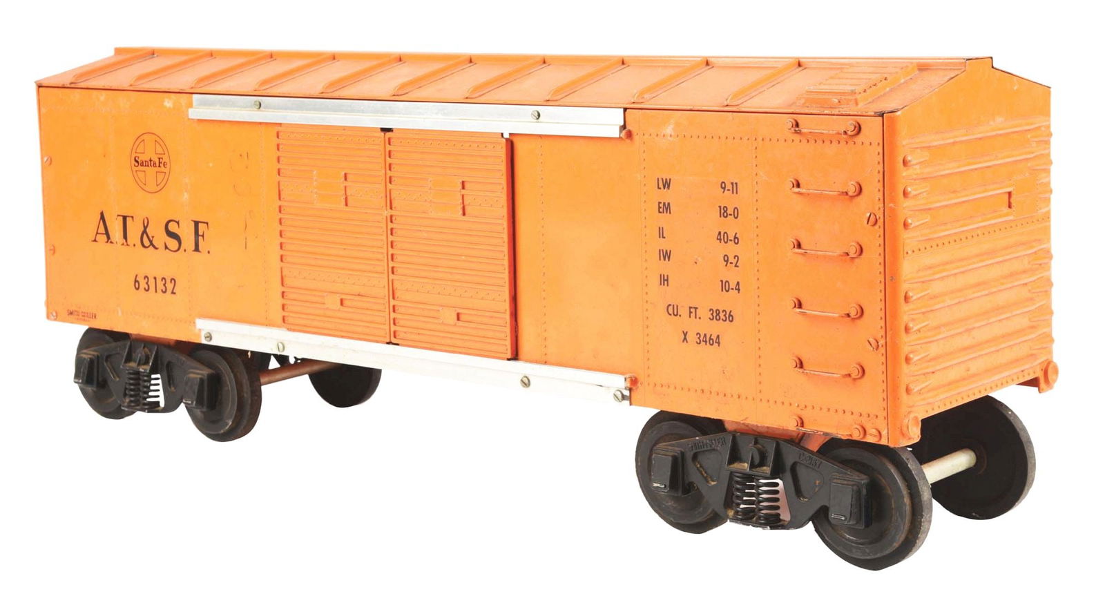 SMITH-MILLER PRESSED STEEL SANTA FE RAILROAD BOXCAR TOYBOX (1 of 3)