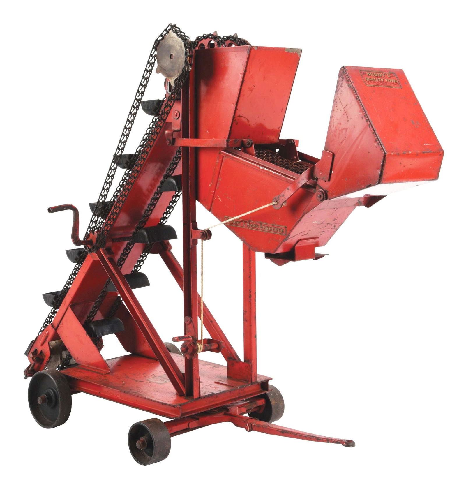 PRESSED STEEL BUDDY "L" SAND SCREENER: C. 1920s. Complete with replacement gears. Condition: (Very Good) Item Dimensions: 28" x 9 - 1/2" x 21".