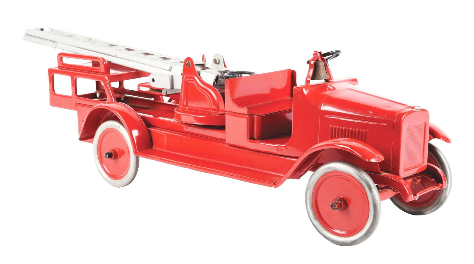 PRESSED STEEL BUDDY "L" HYDRAULIC AERIAL LADDER TRUCK.: Older restoration showing wear. Missing part of extension ladder. Condition: (Restored) Item Dimensions: 34" x 8" x 9".