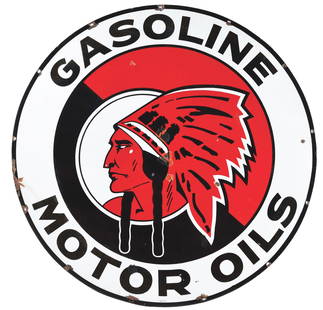 RED INDIAN GASOLINE & MOTOR OILS PORCELAIN SIGN W/ NATIVE AMERICAN GRAPHIC.: AGS CERTIFIED #10088. SSP. Sign is Maker Marked Villas Enamel. A well displaying example of this iconic Porcelain Service Station Sign from Red Indian Gasoline & Motor Oils showing large Native