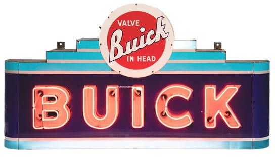 BUICK VALVE IN HEAD PORCELAIN NEON SIGN W/ ORIGINAL BULLNOSE ATTACHMENTS.: SSP. Maker Marked Walker & Co. An outstanding example of this Porcelain Neon Sign for Buick Automobiles showing "Valve In Head" Porcelain Disc Sign at the top as well as bullnose attachments at each